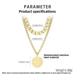 Detail view of gold stainless steel layered necklace with zodiac pendant and chunky chain
