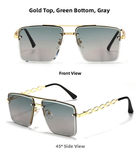 Macro detail of rimless square sunglasses featuring hollow gold chain temples and gradient lenses