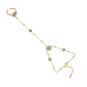 Bracelet bague main en acier inoxydable doré avec turquoise soleil et détails de cœur