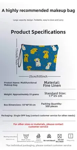 Detail view of cartoon dog makeup bag in fine linen with dimensions 17x25cm and 33g weight