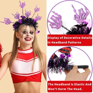 Halloween headband with purple glitter palm and bat details on a black fluffy base