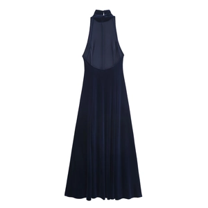 Elegant deep blue velvet backless halter maxi dress with a flowing long silhouette