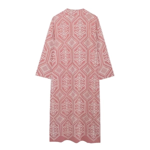 Pink and white long embroidered cardigan featuring geometric diamond patterns in ethnic style