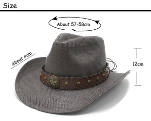 Dark grey straw cowboy hat with size labels for brim width and crown height