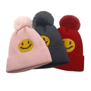 Strickmütze Für Damen Mit Kunstfellbommel Acryl Dicke Warme Wintermütze Smiley Gesicht Motiv Outdoor Mode Lässig