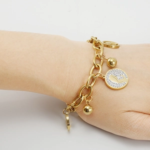 18K gold plated stainless steel chunky chain bracelet with crystal disc and bead charms