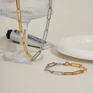 Two-tone gold and silver stainless steel paperclip chain necklace and bracelet jewelry set
