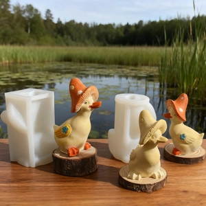Silicone molds for DIY mushroom duck candles and gypsum ducks on a wood table
