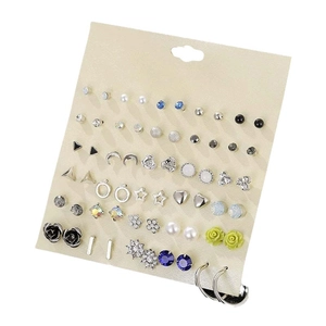 30 pairs of fashion crystal and faux pearl stud earrings set for women displayed on card