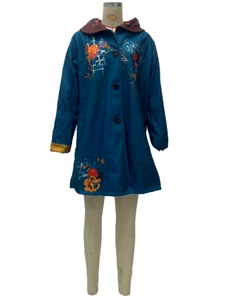 Close-up of floral print and texture on a blue vintage long-sleeve coat with lapel