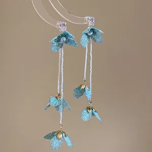 Blue lace flower tassel earrings with long beaded fringe and crystal zircon studs