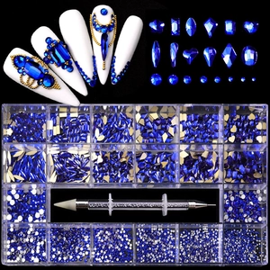 Detailed set of deep blue nail art rhinestones with 21 grids box and picking tool pen