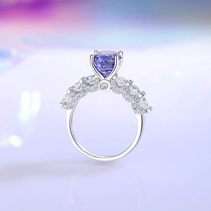 Minimalist S925 sterling silver ring with large round purple gemstone in 4-prong setting