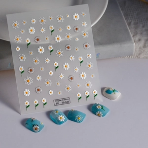 5D embossed white daisy nail art stickers TS-045 with realistic floral relief effect