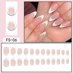 Classic French nude almond artificial nails with white tips, style FS-06 full set