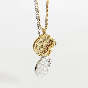 Minimalist 925 sterling silver irregular lava pendant necklace with two-tone chain