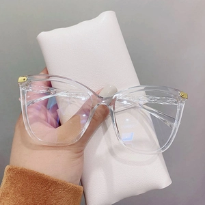 Detail view of transparent cat eye glasses frame with metallic hinges and leather case