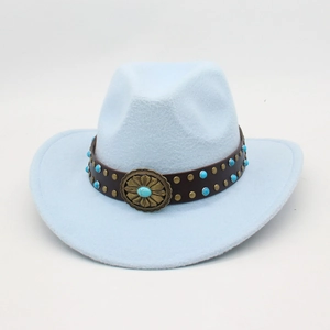 Detail of light blue felt cowboy hat with leather band and turquoise stone buckle