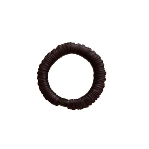 Sleek chocolate brown pleated satin hair scrunchie with a matching smooth resin buckle