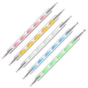 Set of 5 double-ended nail dotting tools with colorful spiral handles on white background