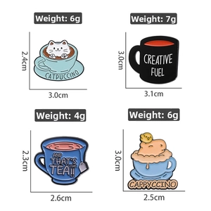 Detailed size chart of cute enamel pins featuring cat, capybara, and tea motifs