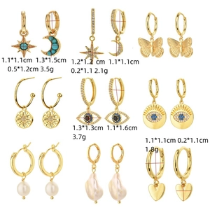 14K gold plated earring set with evil eye, heart and pearl charms, size and weight data