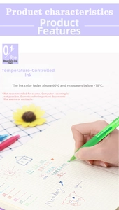Detail showing hand writing with a green erasable gel pen and thermal ink technology