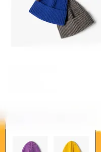 Close-up of ribbed knit texture on winter beanies in blue, grey, purple and yellow