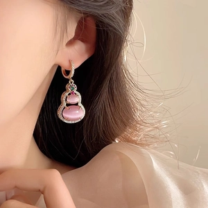 14k gold plated gourd earrings featuring pink cat eye stones and sparkling zircons