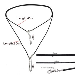 Cordon collier en coton ciré noir avec fermoir mousqueton et chaîne d'extension, 2mm