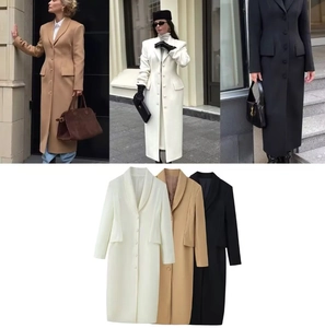 Detailed collage of slim-fit wool coats in white, khaki, and black with flap pockets