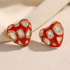 Retro Heart Stud Earrings Red Enamel Cubic Zirconia 18K Gold Plated Stainless Steel Jewelry For Women Vintage INS Style