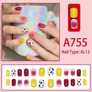 Short square press-on nails set A755 featuring yellow, burgundy and cow print designs