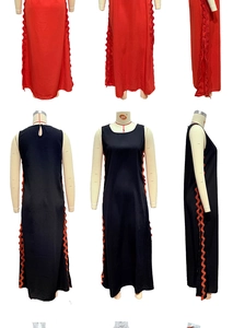 Detailed view of sleeveless midi dress showing unique contrast zigzag lace stitching on side