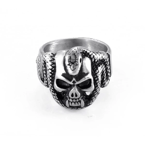 Dark style hip hop skull ring with serpent snake wrap design in vintage stainless steel