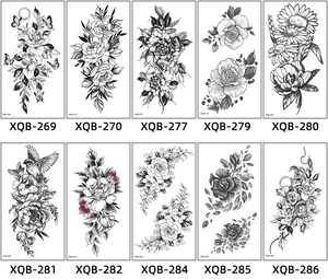 Detail grid of black and white sketch floral and animal temporary tattoo stickers