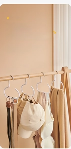 Close-up of white multi-purpose metal ring hook hanging scarves and caps in a closet