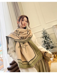 Detail of vintage floral cashmere-feel scarf with fringes in beige and sage green