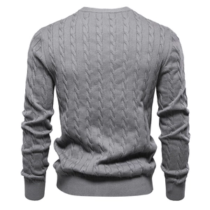 Men's grey knit sweater with classic cable knit pattern and deer embroidery back view