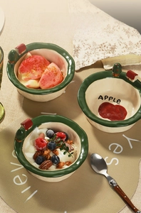 Detail of ceramic yogurt bowls with 3D miniature trees and wave edge for desserts