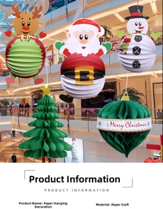 Dettagli ornamenti natalizi in carta a nido d'ape con Babbo Natale e renna per decoro