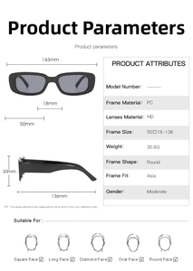 Detailed dimension guide for vintage retro small frame sunglasses with PC frame and HD lens