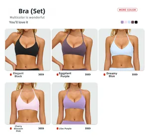 Detail view of V-neck halter sports bras in black, purple, blue, pink and lilac colors