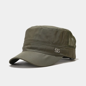 Detail view of olive green cadet cap with breathable mesh and metal '56' emblem