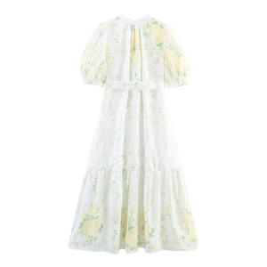 Elegant white floral maxi dress with puff sleeves and tie-waist on white background