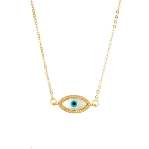 Macro shot of evil eye pendant with natural shell inlay and pave cubic zirconia accents
