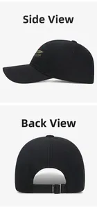 Detail view of the black baseball cap showing side embroidery and adjustable metal buckle