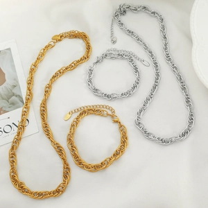 Chunky hip-hop style stainless steel necklace and bracelet set in gold and silver