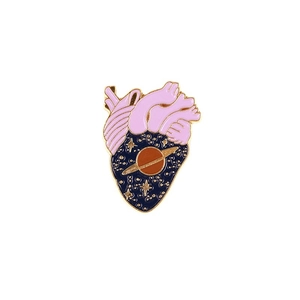 Creative anatomy heart enamel brooch with pink top and blue starry planet design
