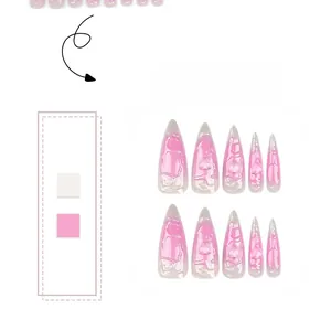Detailed view of long stiletto press-on nails with pink gradient and glitter finish